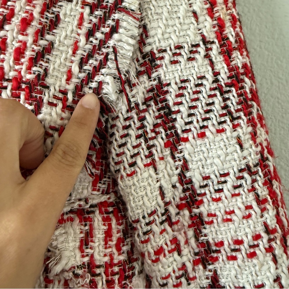 RARE Zara Red White Tweed Blazer Rhinestone Jewled abutting Double breasted XS - Picture 9 of 17